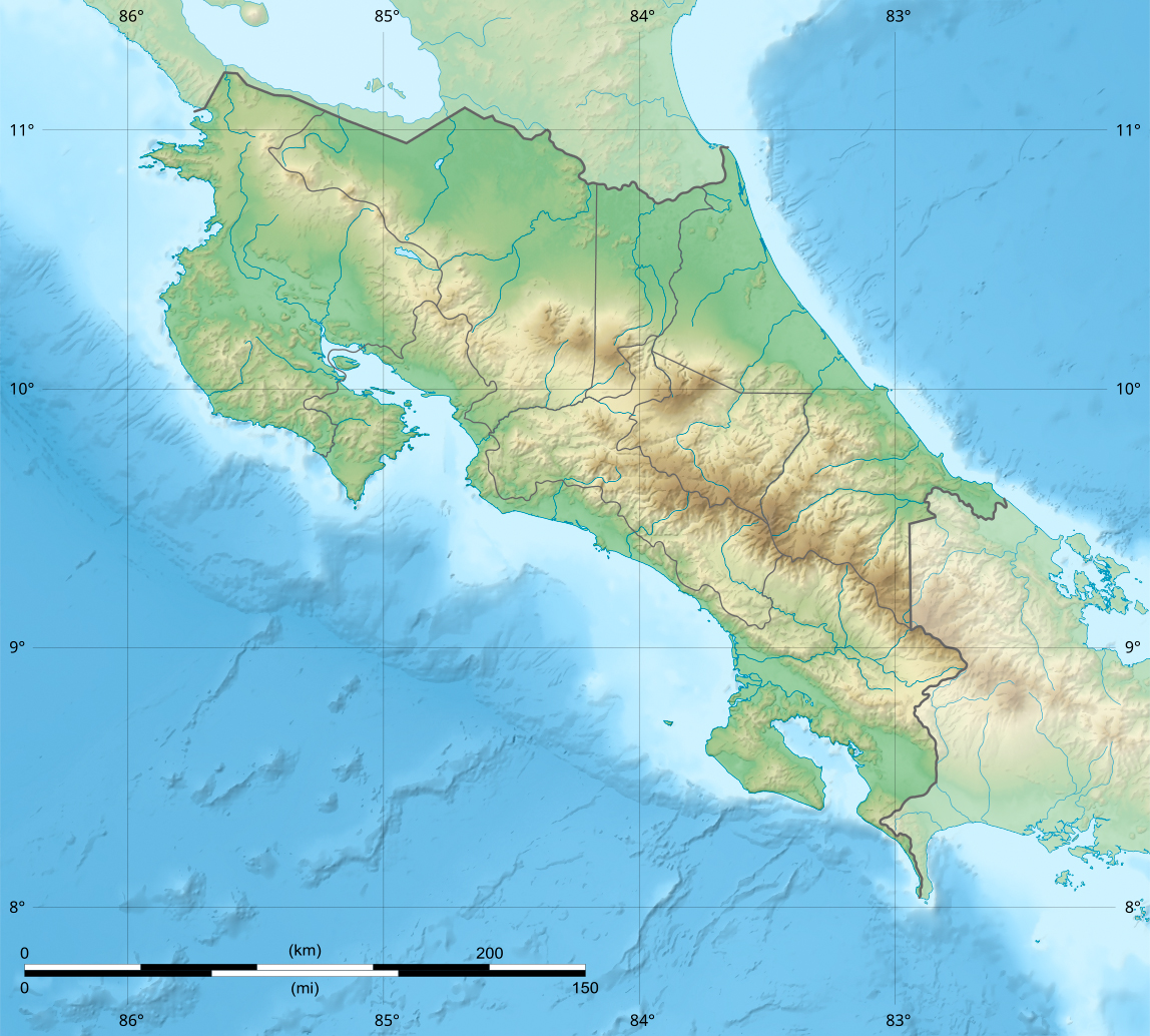 Relief map of Costa Rica with five selectable biological field sites